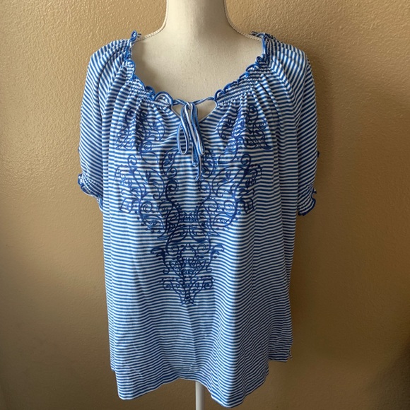 Faded Glory Tops - Woman’s Plus Blue Striped Top Embroidered Front 3X